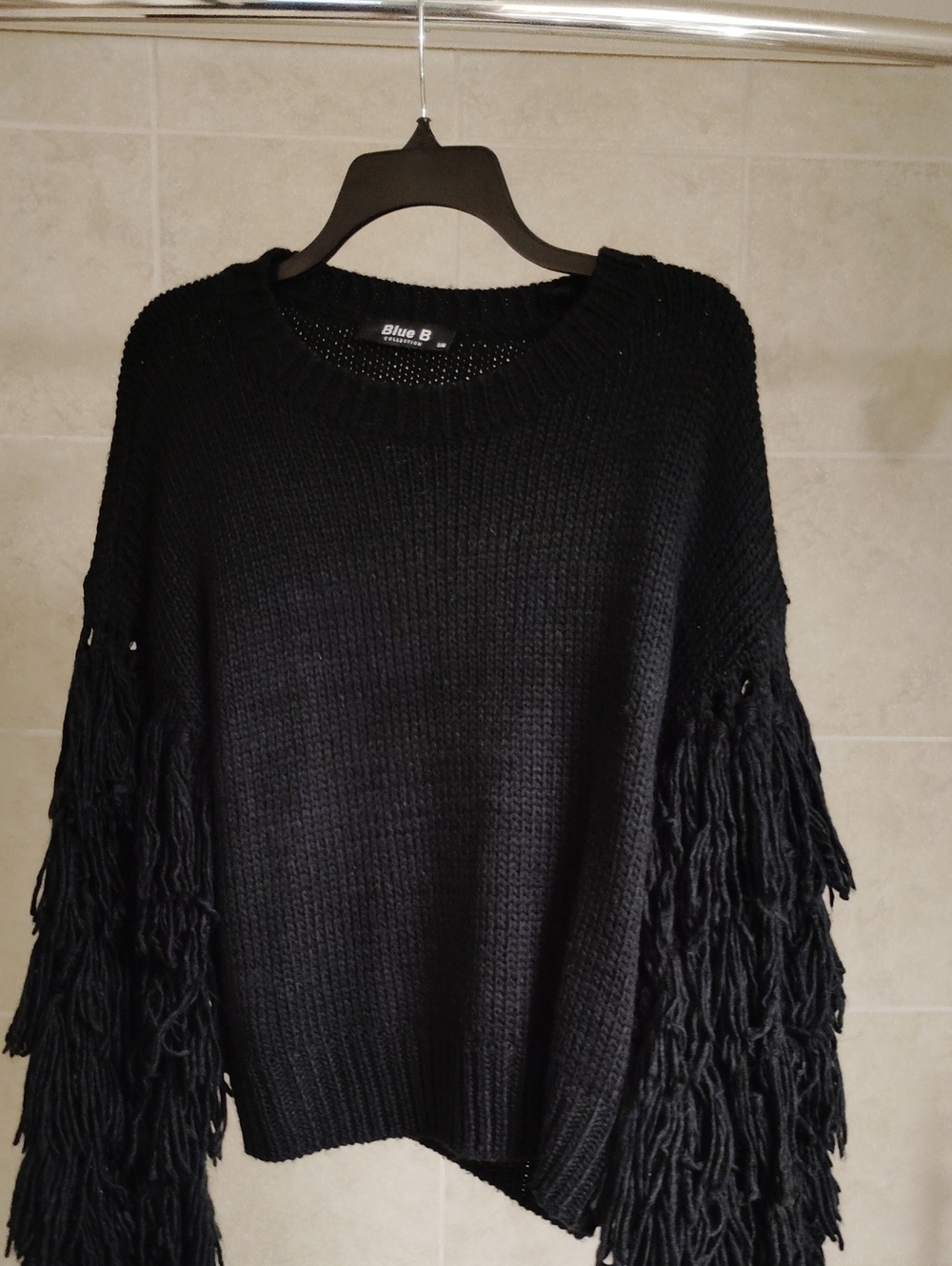 Blue B Black Fringe Sleeve Crewneck Sweater
